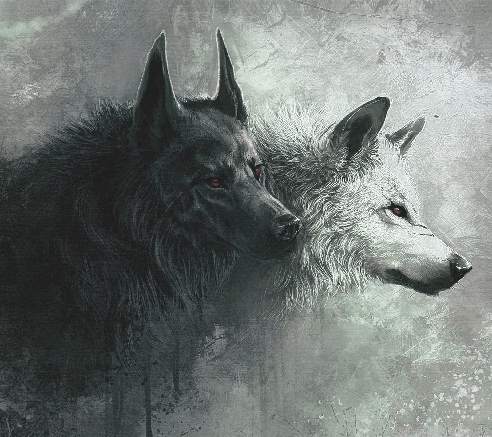 Painting of two wolfs facing each other with a dark background (animal, wolf, wolves)