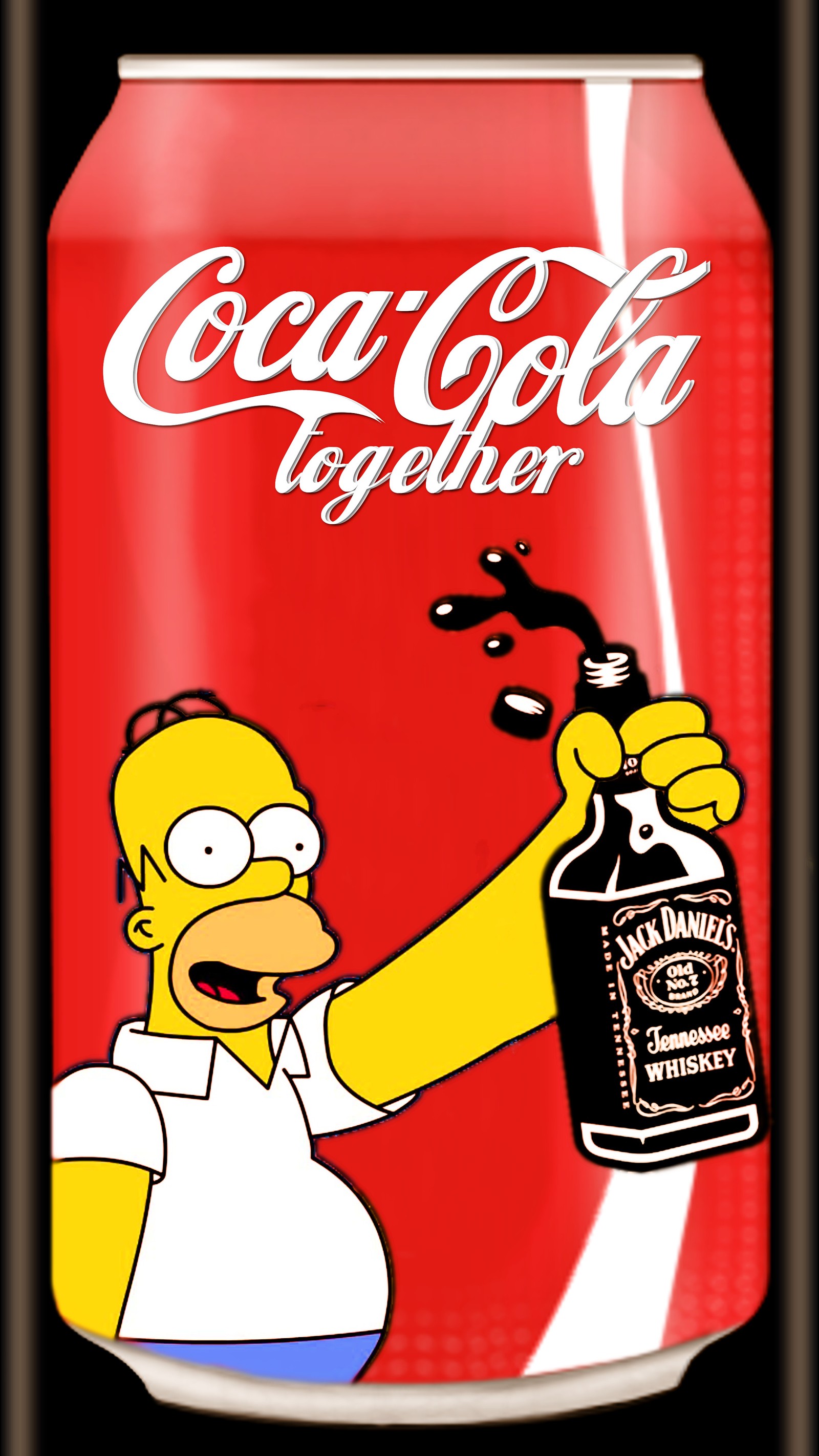 Un primer plano de una lata de cola con un personaje de dibujos animados sosteniendo una botella (coca, logotipo, simpsons, juntos)