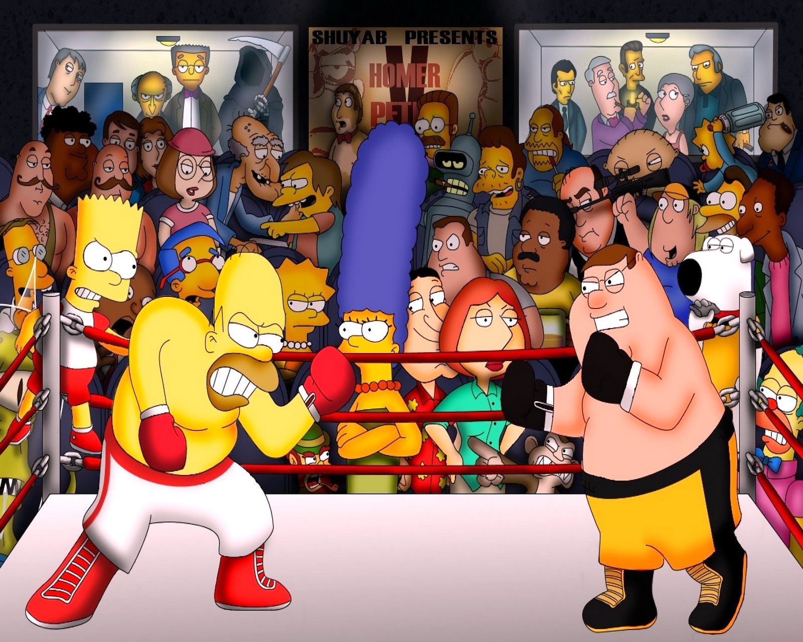 Los personajes de los simpson en un ring de boxeo rodeados de una multitud (dibujos animados divertidos, family guyvs simpson)