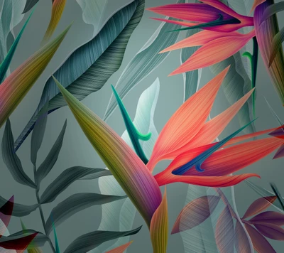 Vibrant Tropical Flora with Lush Leaves and Bold Colors