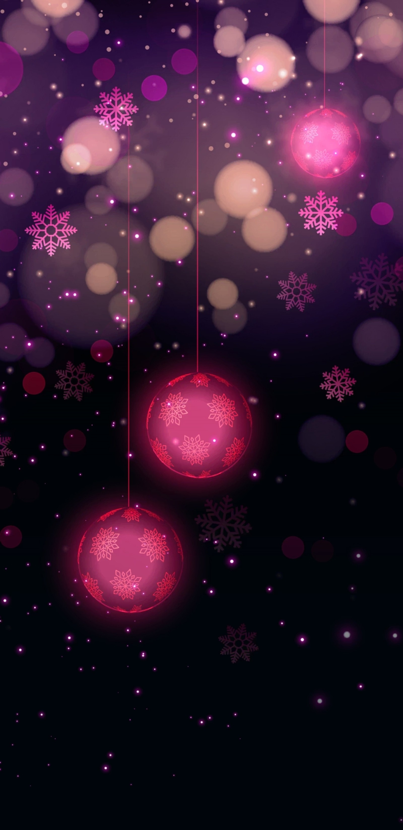 Purple christmas balls with snowflakes and stars on a dark background (sparkles, bubbles, lights, light, pink)