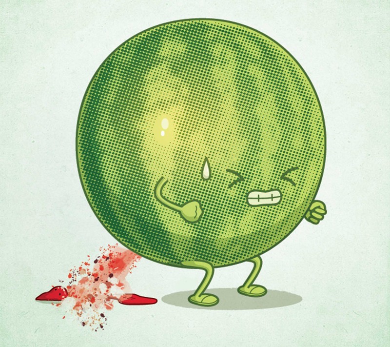 Illustration de dessin animé d'une pomme verte avec un couteau et du sang (melon, eau)