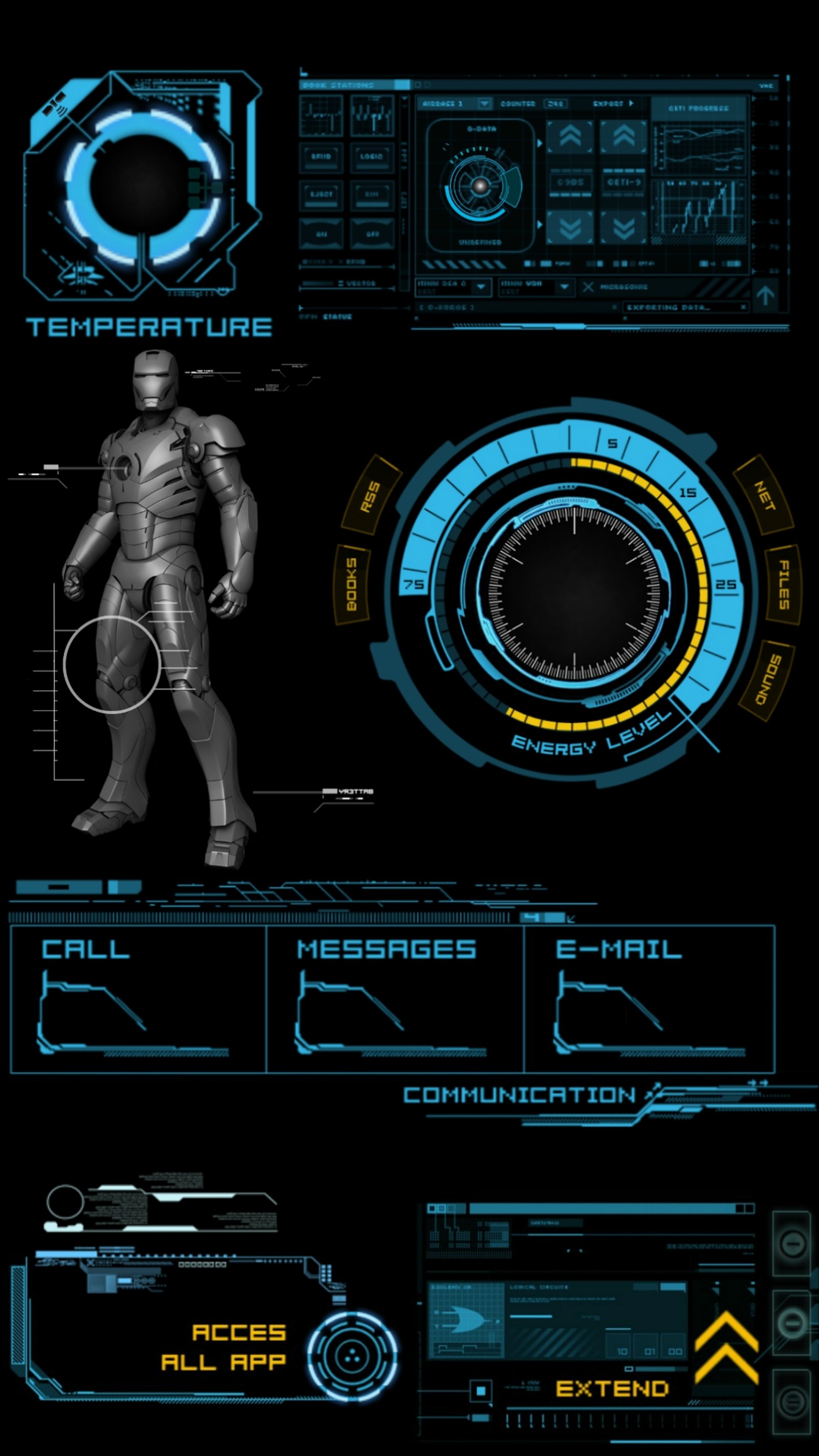 Un primer plano de un diseño futurista azul y negro con un reloj (negro, computadora, oscuro, hierro, hombre)