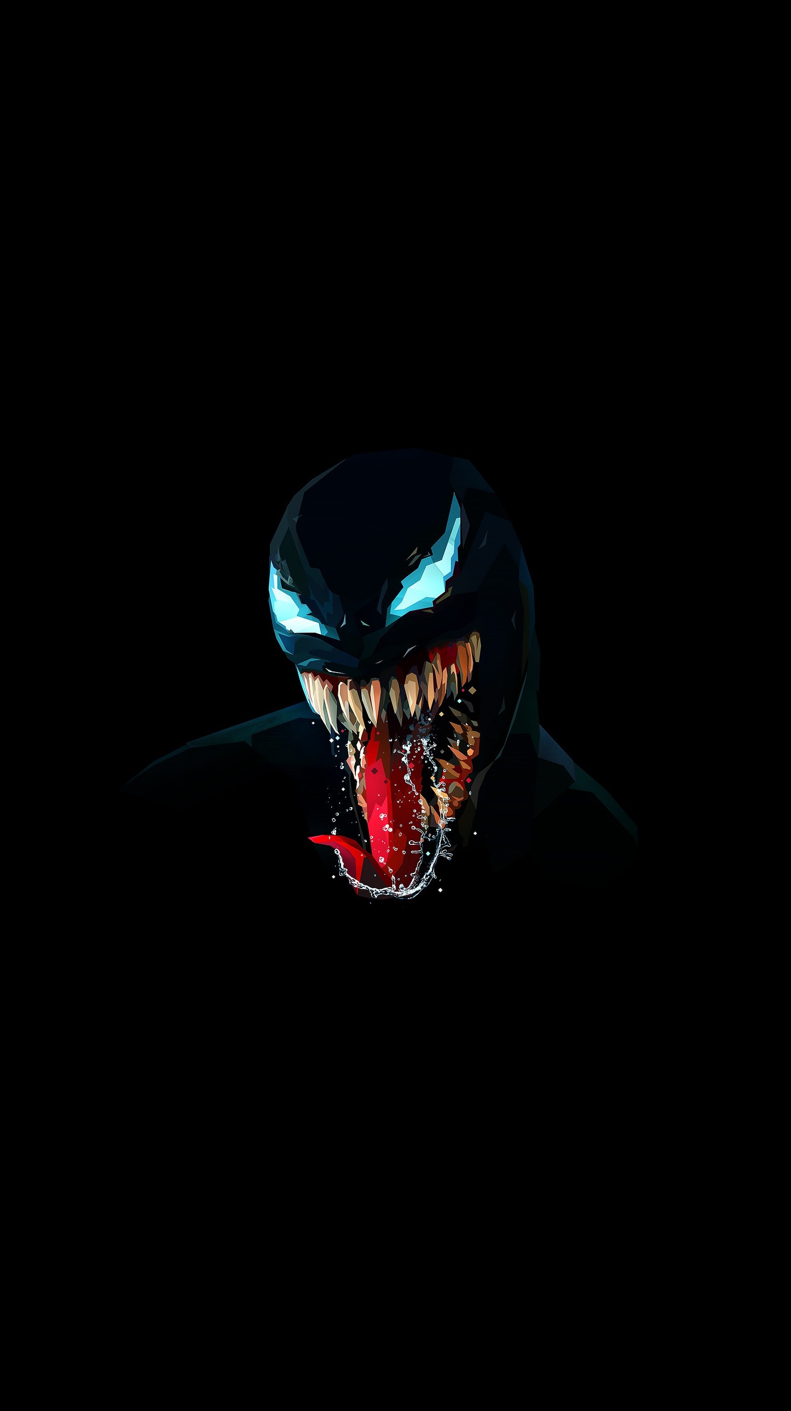 Venom dans l'obscurité avec la bouche ouverte et brillant (antivenin, noir, bleu, logo, marvel)