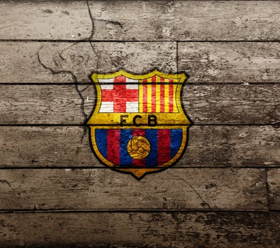 Logotipo do clube FC Barcelona em fundo de madeira envelhecida