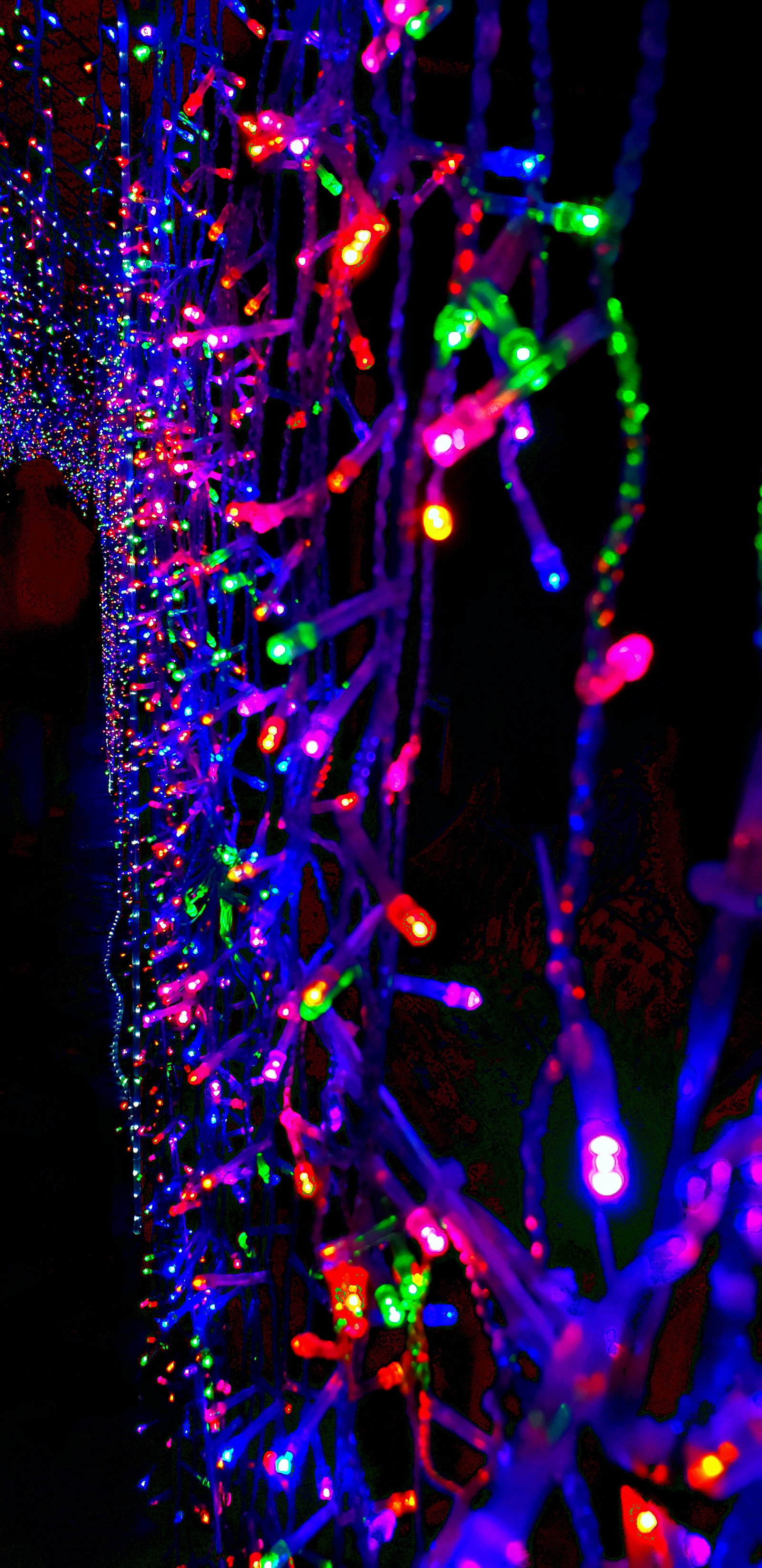 A close up of a person standing in front of a wall of christmas lights (colores, colorful, colors, colours, luces)