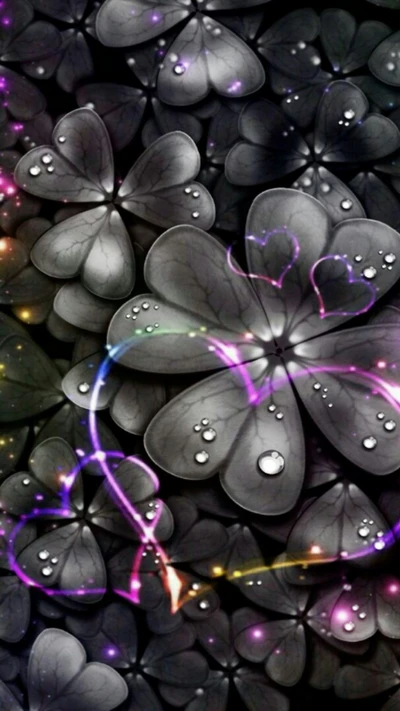 Elegant Black Flowers with Dewdrops and Colorful Heart Accents