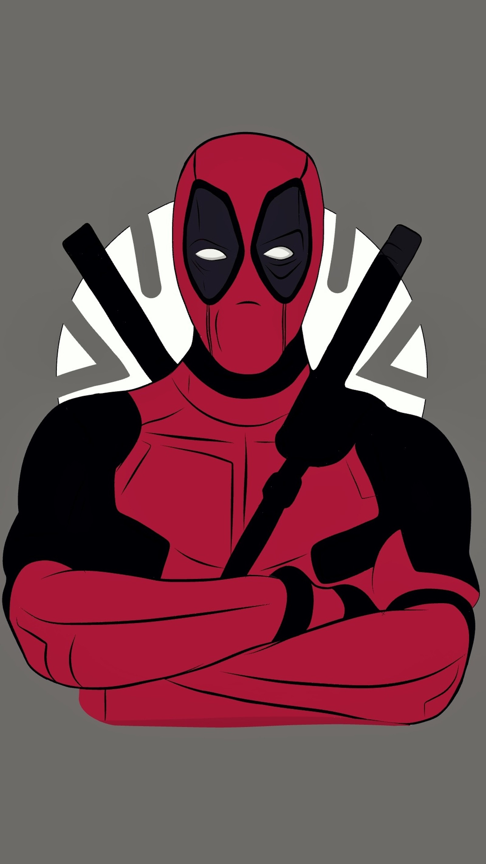 Deadpool is sitting with his arms crossed and looking at the camera (deadpool, illustration, marvel, memr32, minimalist)