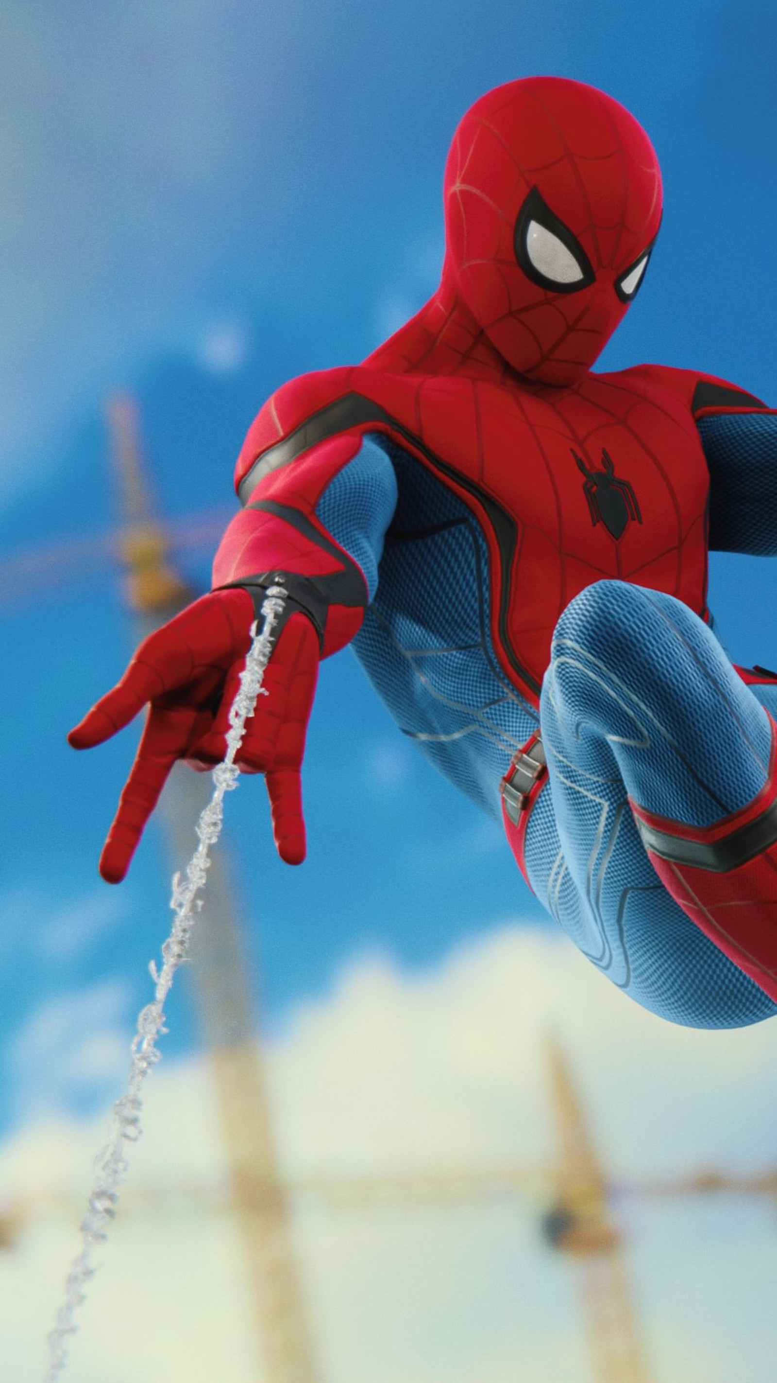 Spider-man in einem rot-blauen anzug fliegt durch die luft (spiel, spidy, spiderman, aktion, abenteuer)