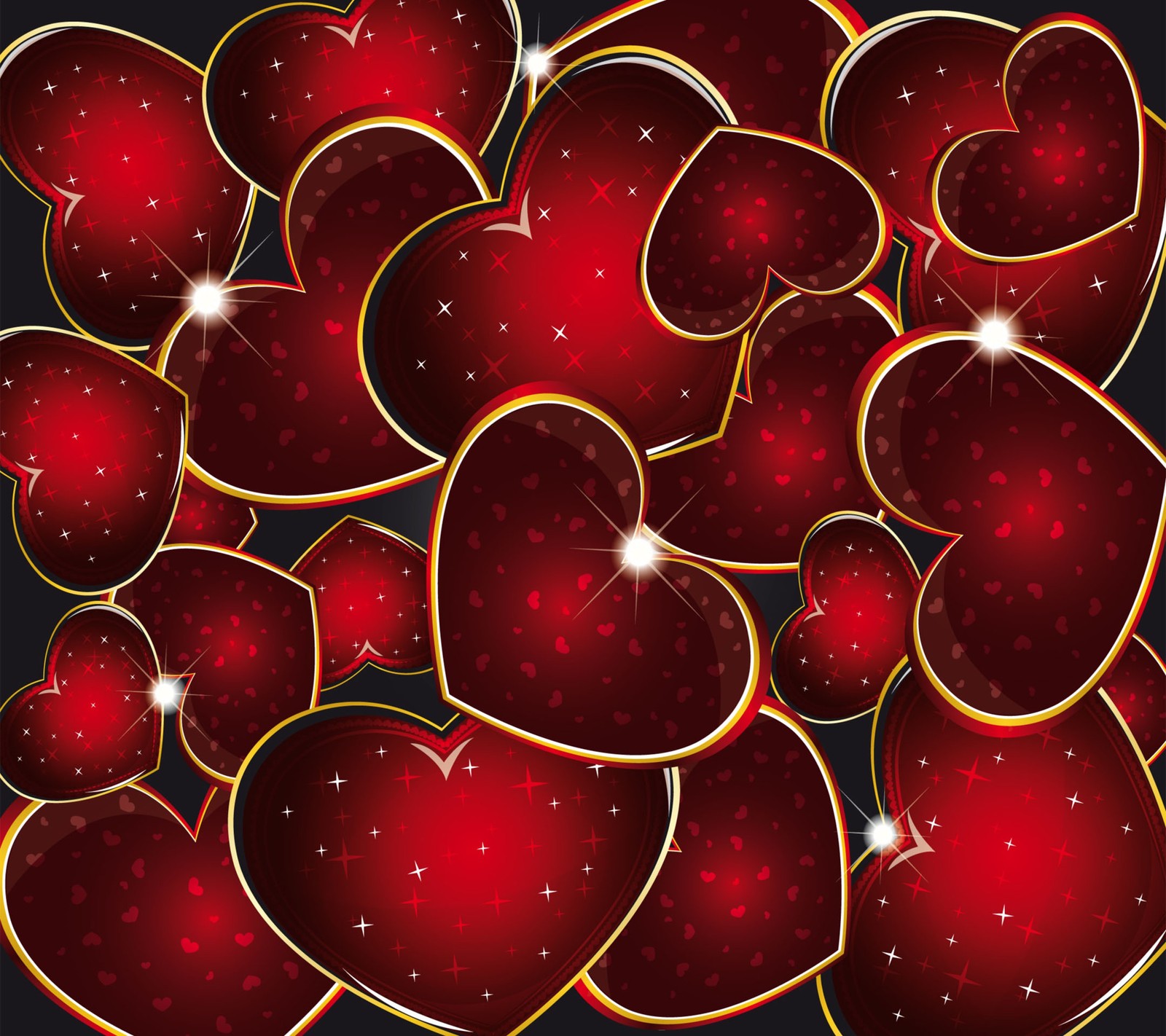 A bunch of red hearts with gold trims and sparkles (love, wallpaper)