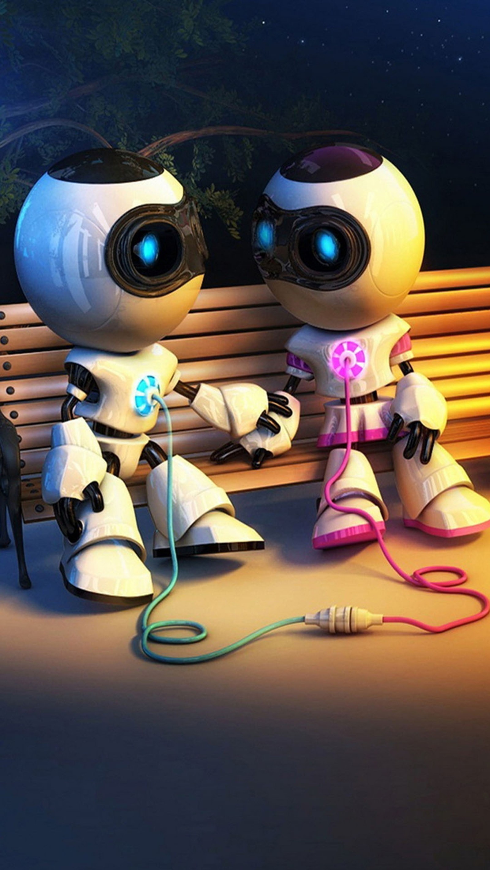 Robots sitting on a bench with a cord connected to a plug (love, pair)