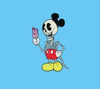 Um personagem esqueleto brincalhão com orelhas de Mickey Mouse, vestindo shorts vermelhos e sapatos amarelos, segurando um cone de sorvete contra um fundo azul vibrante.