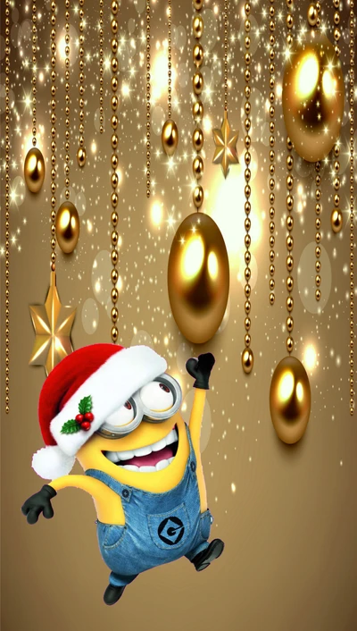 Minion alegre com chapéu de Papai Noel cercado por enfeites de Natal