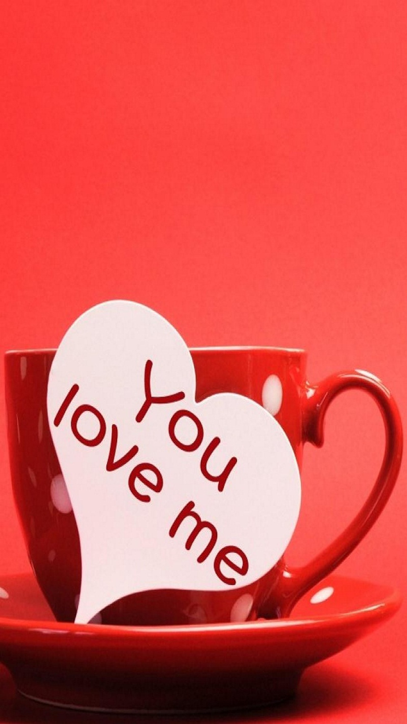 There is a red cup with a heart shaped paper on it (cup, good morning, hd, heart, love)