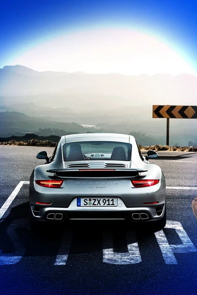 Porsche 911 Turbo : Voiture de sport argentée sur route pittoresque