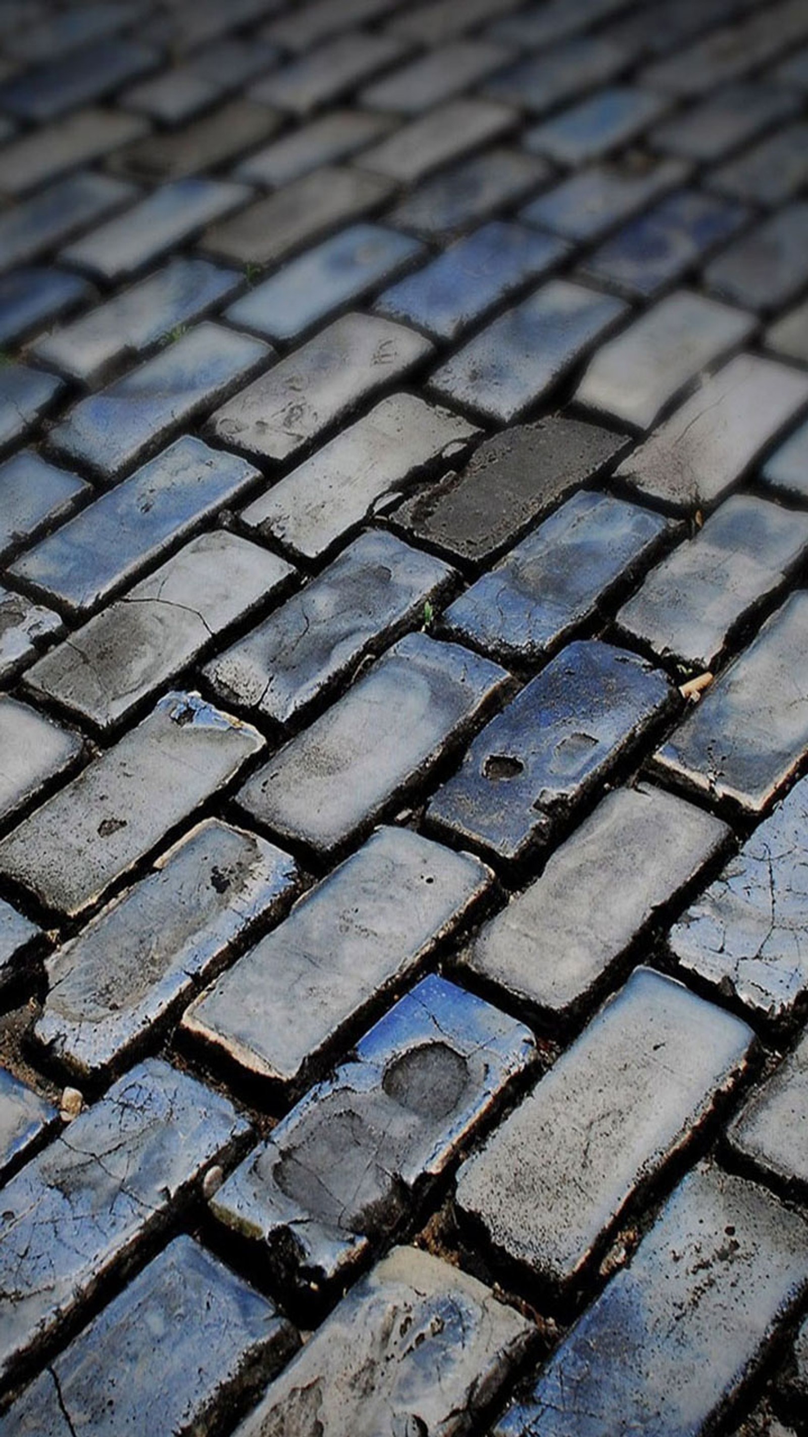 Arafed brick pavement with a blue and white pattern and a black and white umbrella (pattern, tiles)