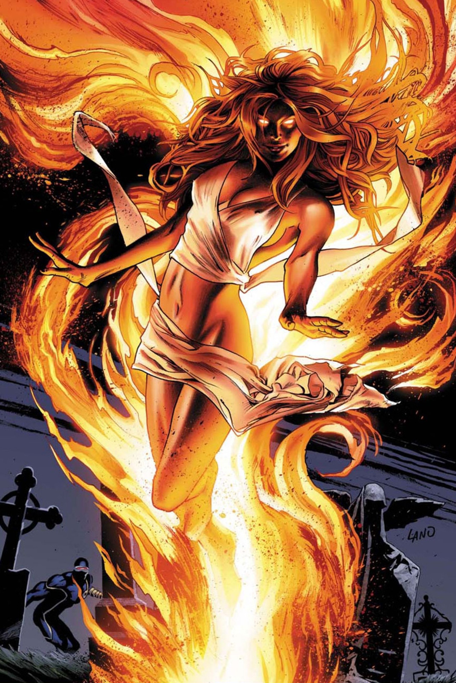 Une femme en robe blanche se tient devant un feu (jean, marvel, phénix, étrange, x men)