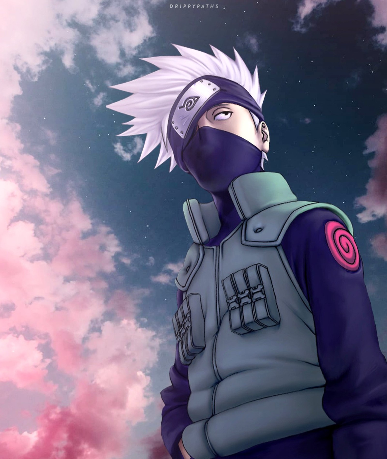 Personagem de anime com cabelo branco e um colete roxo em pé diante de um céu nublado (anime, hd, kakashi, manga, naruto)