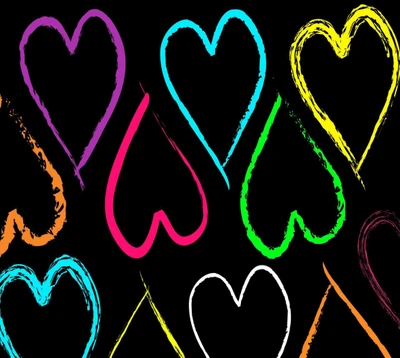 Diseños de corazones coloridos sobre un fondo negro