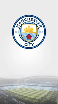 Logo de Manchester City FC avec en arrière-plan le stade Etihad