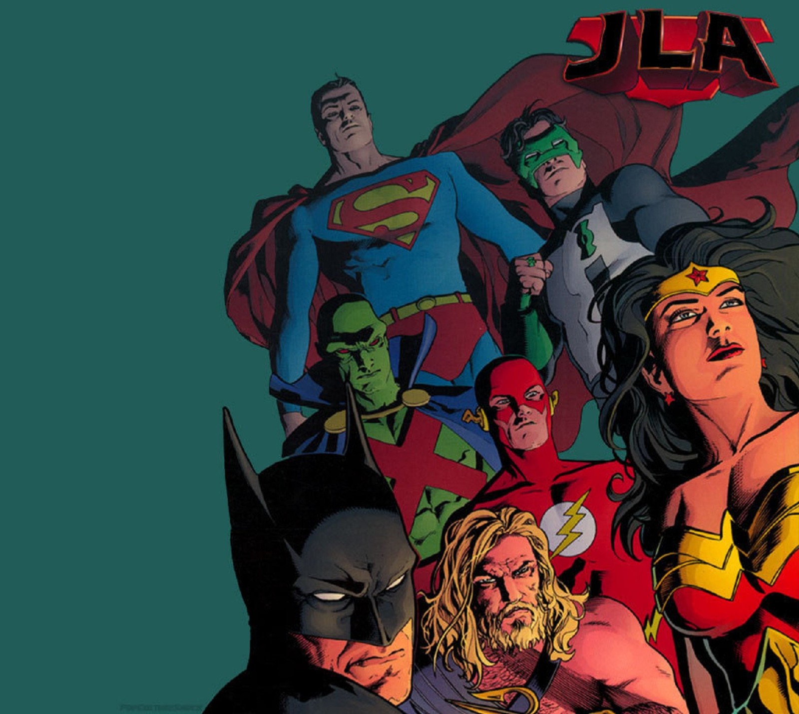 A close up of a group of superheros standing in front of a green background (aquaman, batman, dc, flash, jla)