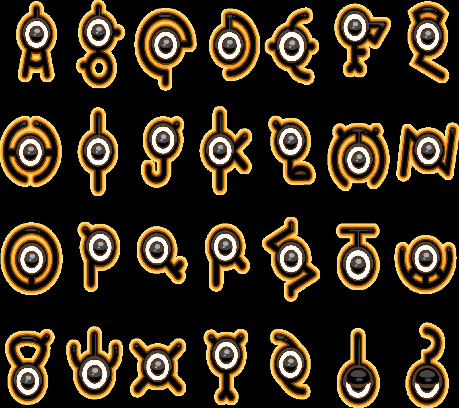 A close up of a set of different symbols on a black background (pokemon, psychic, unknow, unown)