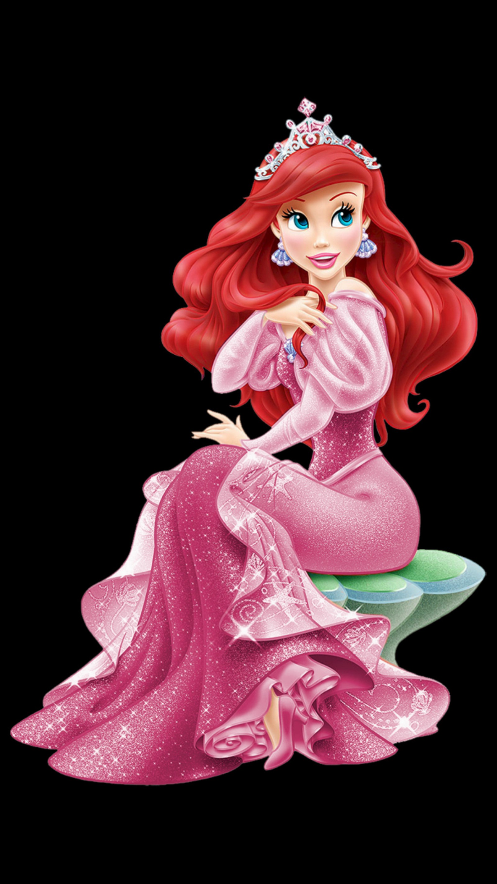 Une princesse de dessin animé assise sur une feuille verte avec une robe rose (amoled, ariel, noir, disney, film)