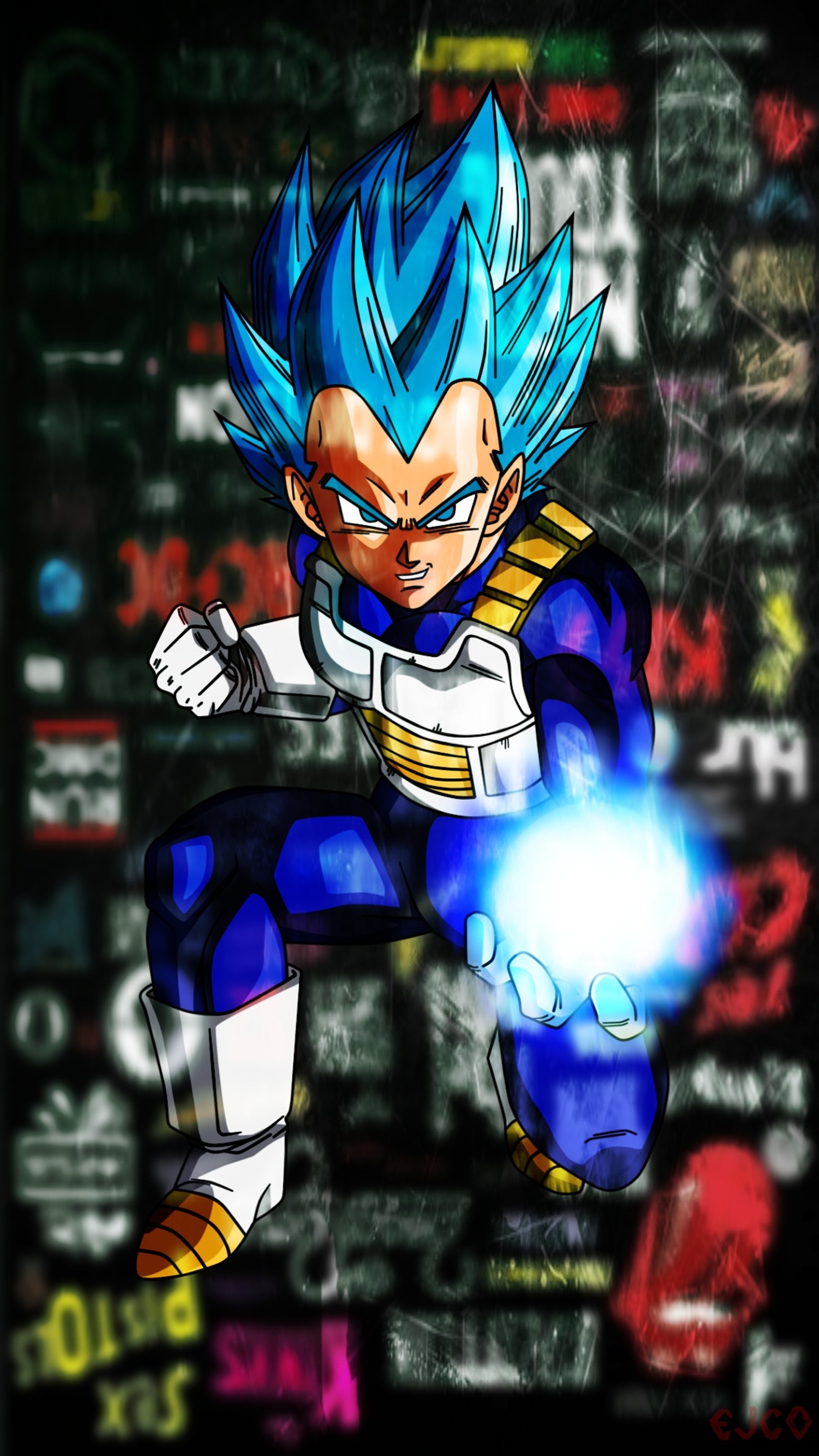 Eine nahaufnahme einer cartoonfigur mit blauen haaren (anime, schwarz, blau, dbz, dragon ball super)