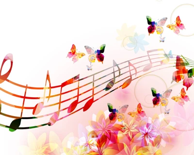 Papillons colorés dansent parmi des notes de musique et des fleurs