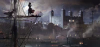 Arte conceptual oscuro y atmosférico de Assassin's Creed Syndicate que presenta un paisaje urbano victoriano