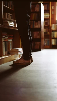 Casual Attire in a Serene Library Setting