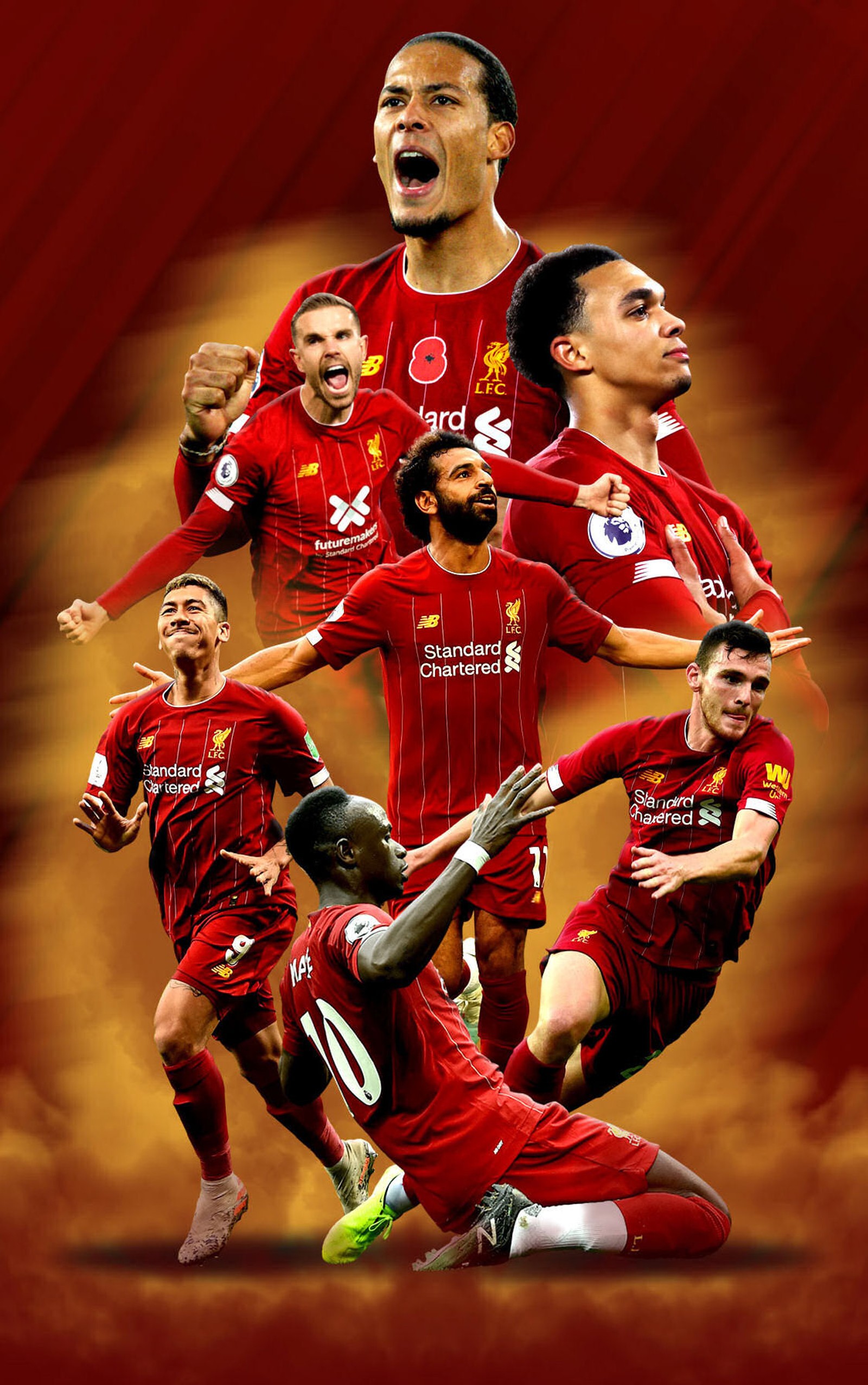 A close up of a group of soccer players on a red background (champions, football, liverpool, reds, ynwa)