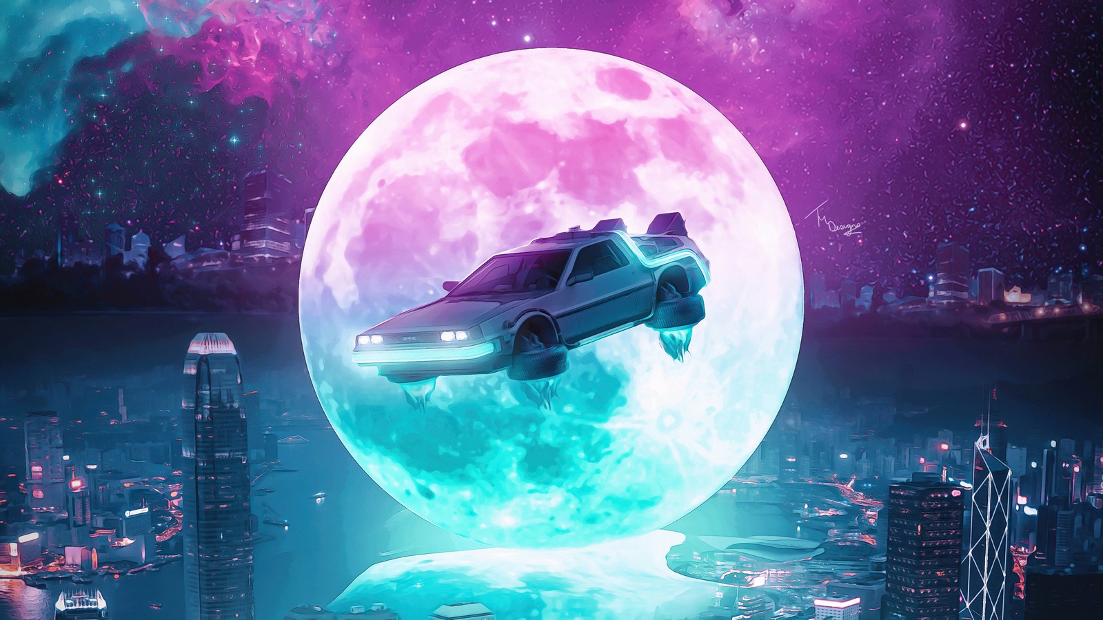 Un coche volando sobre una ciudad con una luna gigante de fondo (vaporwave, arte, artista, cartel, arte conceptual)