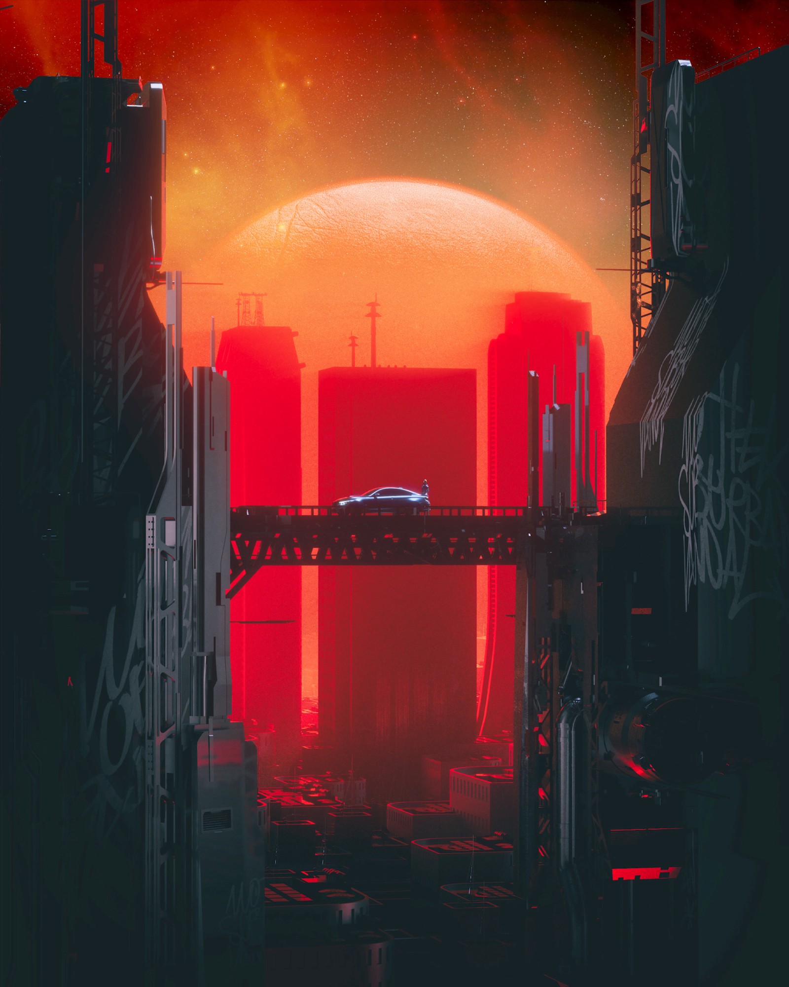 cyberpunk, red, night, science fiction, light wallpaper