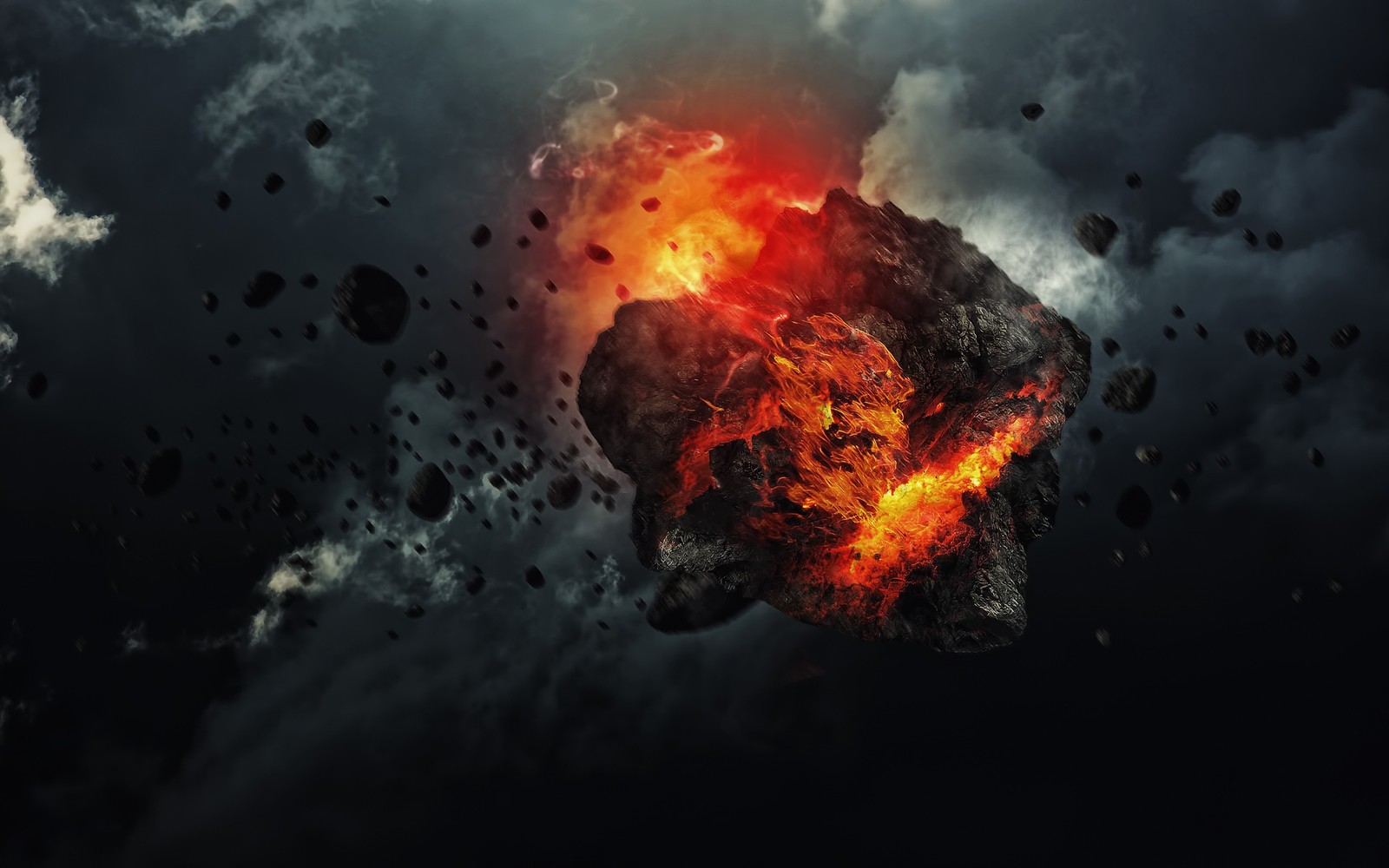 A large rock with a lava explosion coming out of it (explosion, heat, atmosphere, space, event)