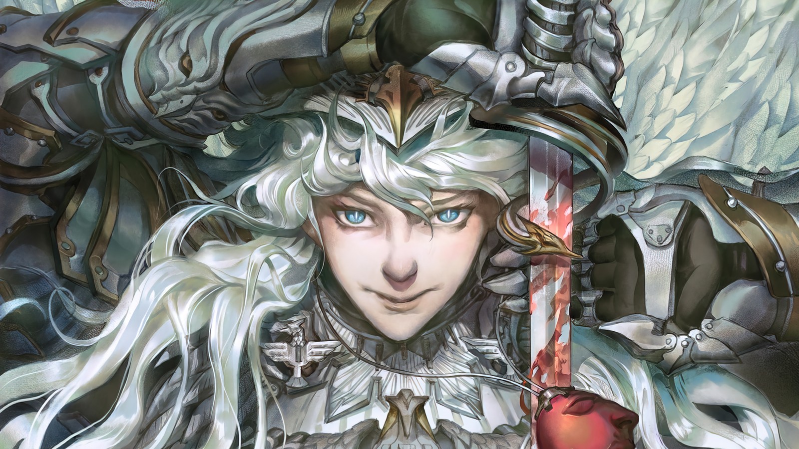 Close-up de uma mulher com uma espada e um capacete (griffith, espada, berserk, anime)