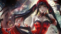 Kurumi Tokisaki dans une robe rouge frappante, entourée de motifs d'horloge, dégageant une aura envoûtante et mystérieuse.