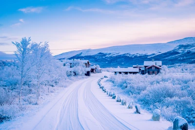 Schneebedeckte Winterstraße durch eine ruhige norwegische Landschaft mit Bauernhäusern und majestätischen Bergen.