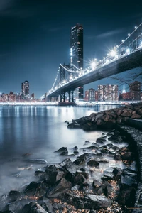 Paysage urbain nocturne avec pont illuminé et reflets urbains