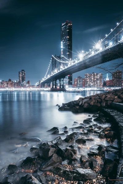 Nighttime Cityscape with Illuminated Bridge and Urban Reflections