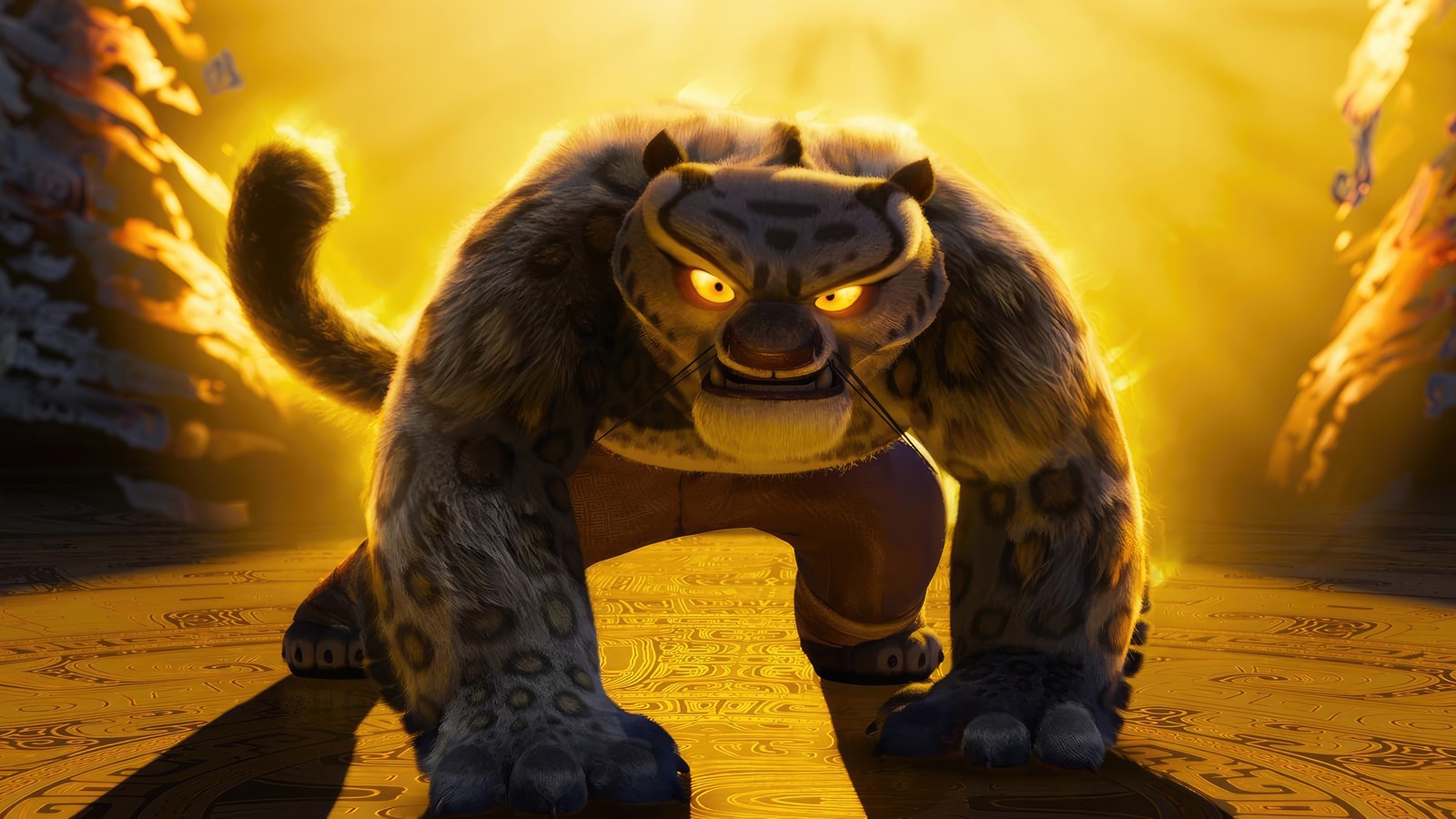 Gros plan d'un chat sur un sol avec le soleil brillant derrière lui (kung fu panda 4, tai lung, films de 2024, films, fond décran 4k)