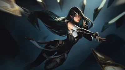 Irelia, la Bailarina de Espadas, en posición entre espadas flotantes en un entorno oscuro y dinámico.