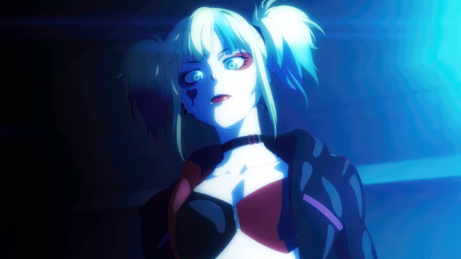 Eine nahaufnahme einer frau in einem schwarzen und roten outfit (suicide squad isekai, anime, harley quinn)