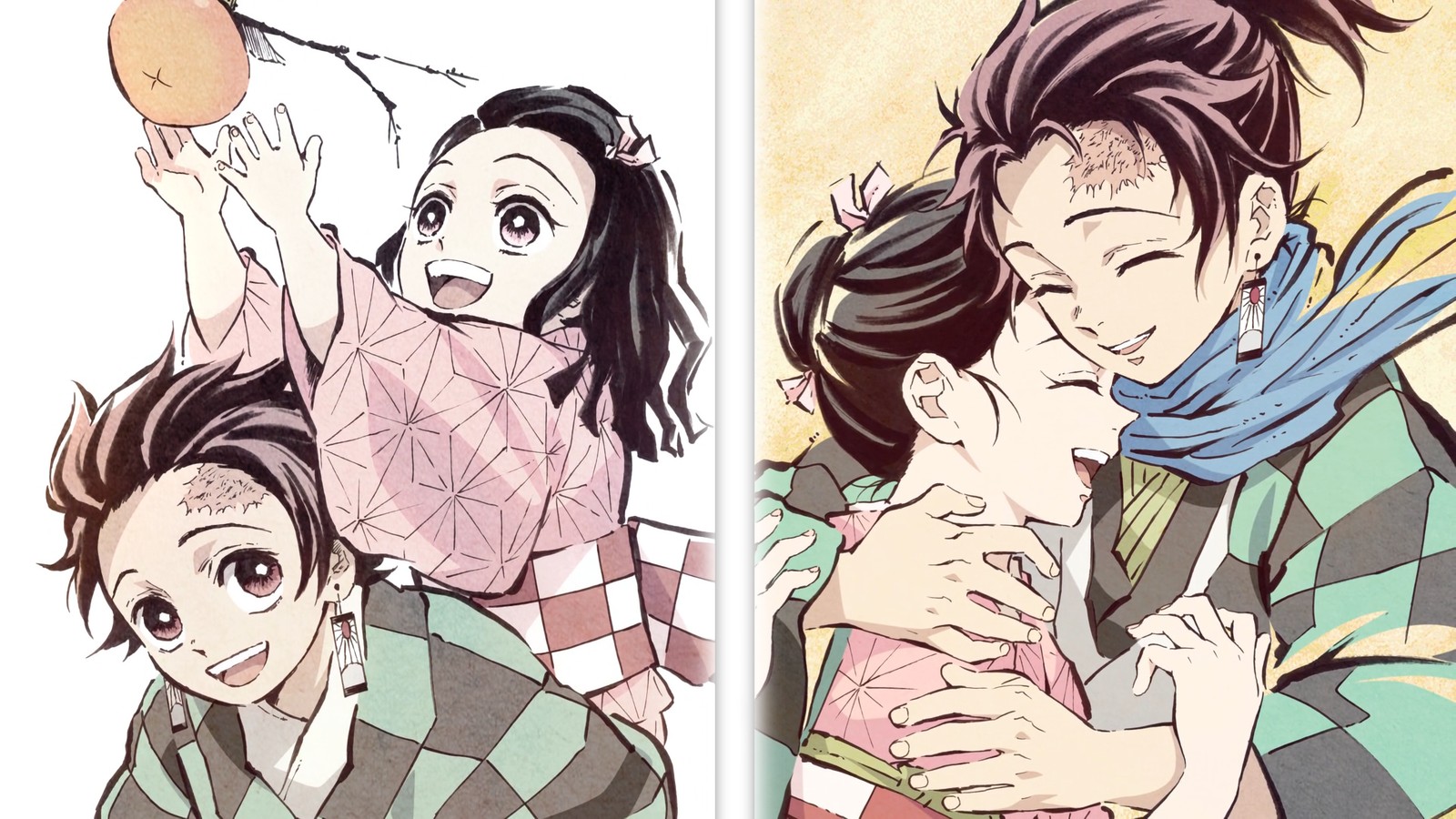 Две фотографии пары, держащих ребенка (tanjiro kamado, tanjirou kamado, nezuko kamado, kimetsu no yaiba, аниме)