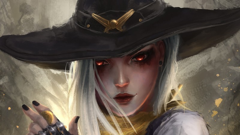 Крупный план женщины с шляпой, держащей пистолет (ashe, overwatch, видеоигра)