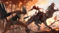 Riven confronts the Wrathful Rider in a dynamic clash amidst a vibrant autumn landscape.