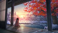 Contemplation at Sunset: An Anime Girl Surrounded by Winter's Embrace and Autumn's Colors