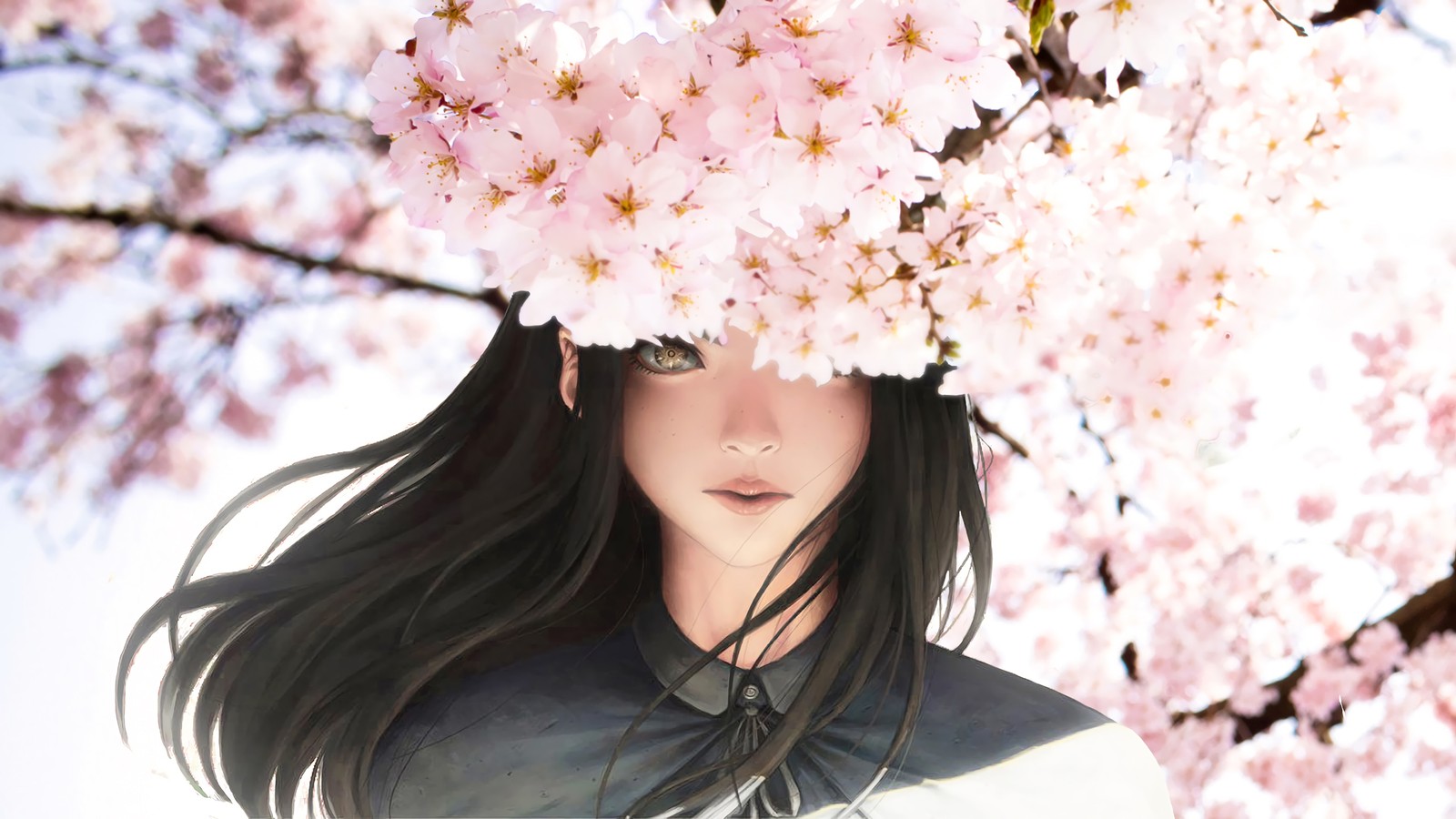 Femme arabe aux longs cheveux noirs et une couronne de fleurs sur la tête (anime, fleur de cerisier, fleur, rose, printemps)