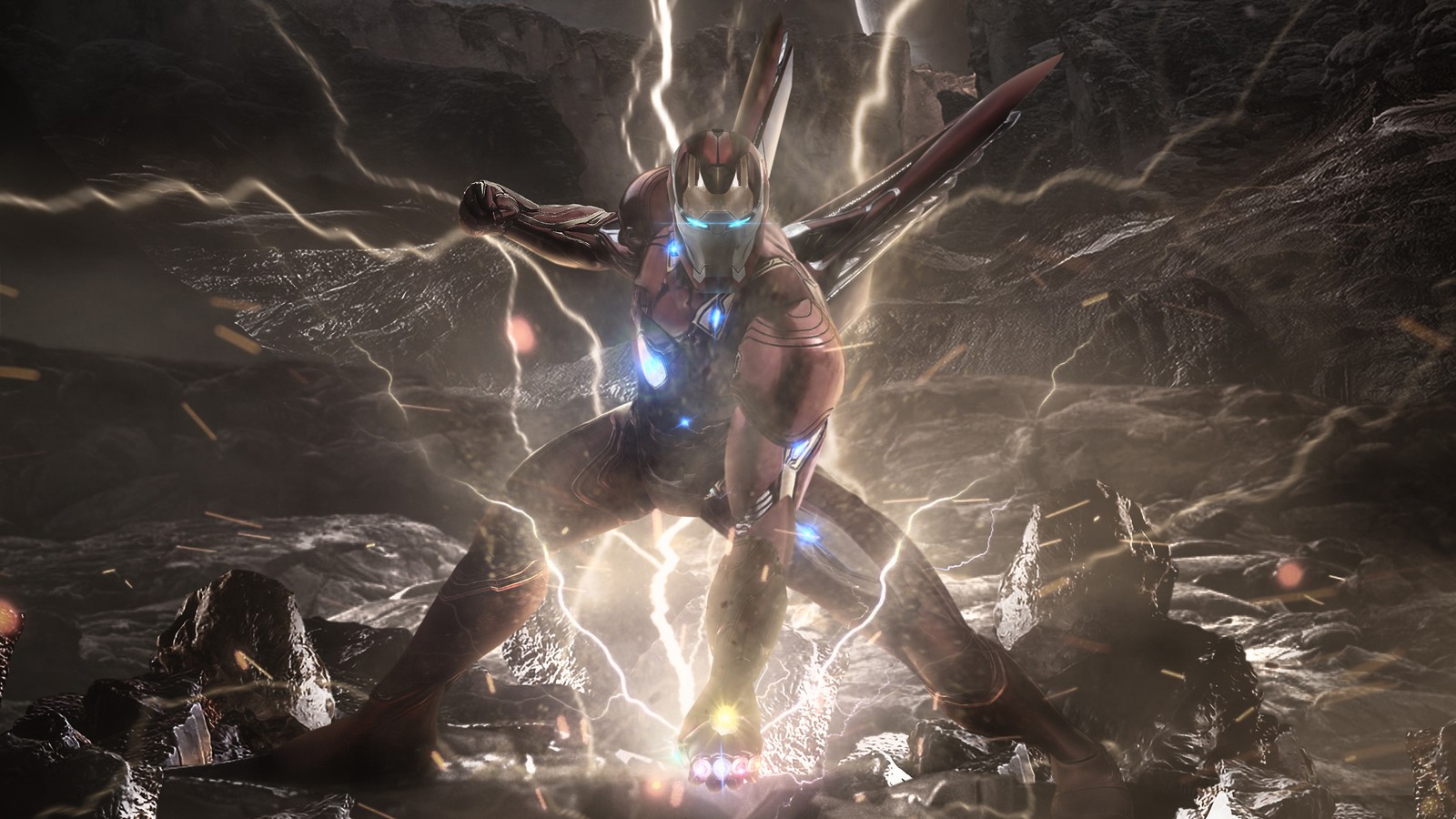 A close up of a person standing in a cave with lightning (iron man, infinity stones, avengers endgame, movie)