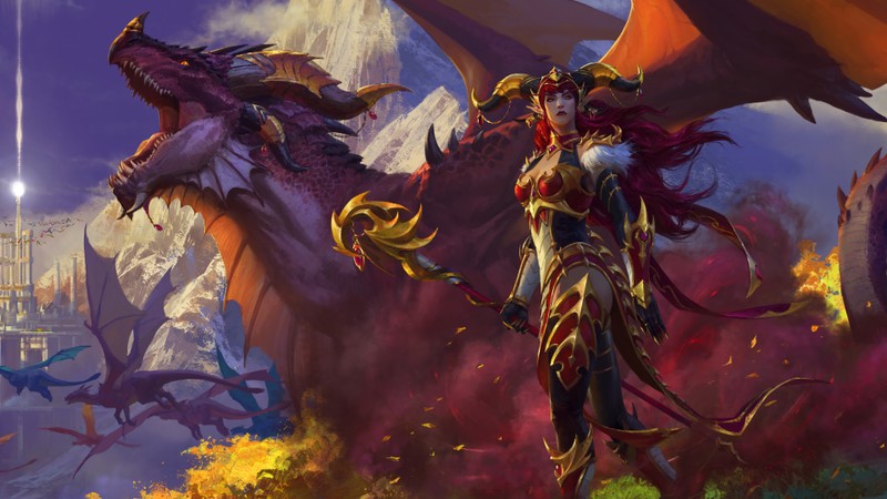 Женщина в красном платье стоит рядом с драконом (алекстраза, alexstrasza, world of warcraft, видеоигра, world of warcraft dragonflight)